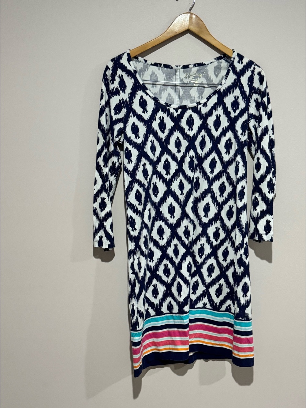 Lilly Pulitzer Dress Womens XS Navy Ikat Print Stripe Hem 3/4 Sleeve Cotton